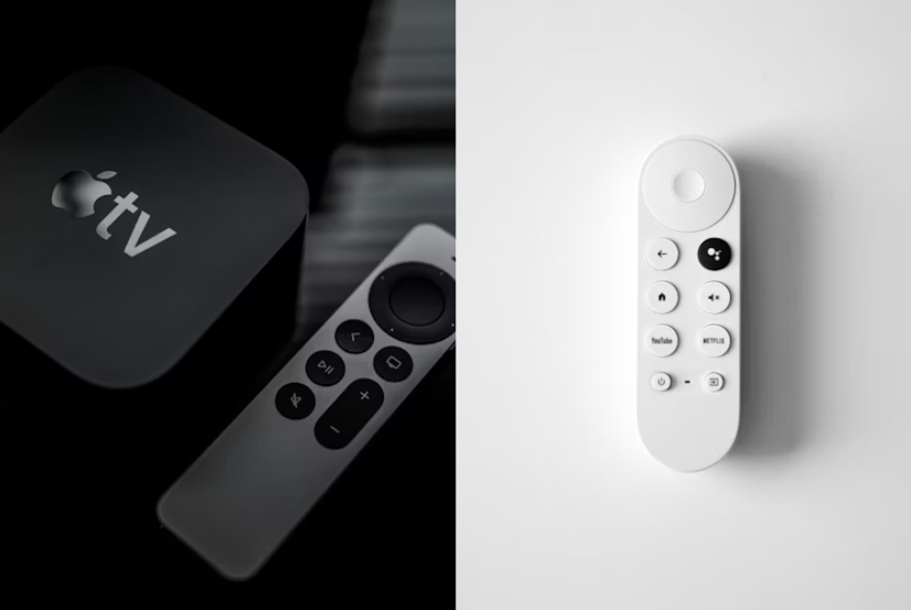 Apple TV 4K vs Chromecast comparison showing an Apple TV device and Google Chromecast remote side by side.