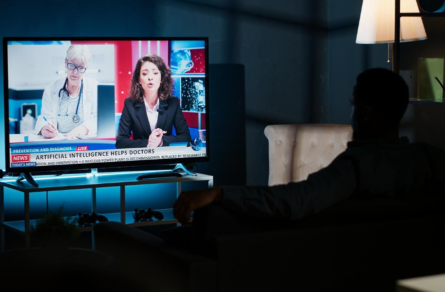 Viewer watching cable news alternatives on a living room TV for news coverage.