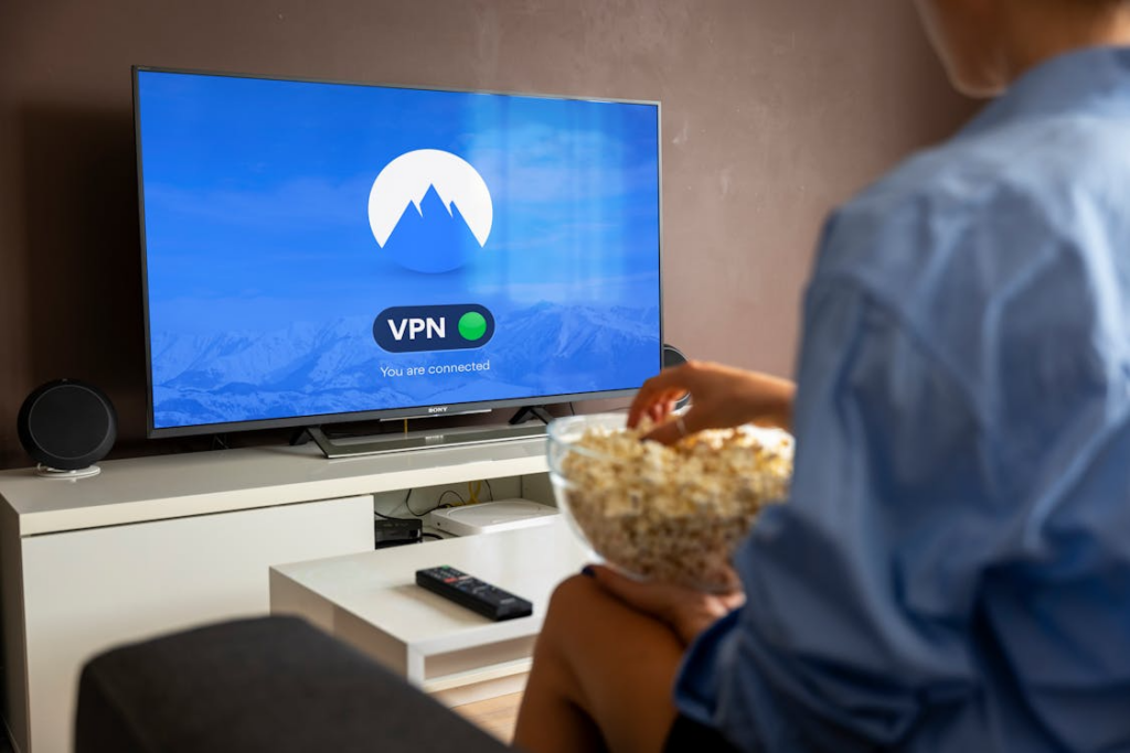 Viewer using a VPN for streaming on a living room TV for safer connected viewing.