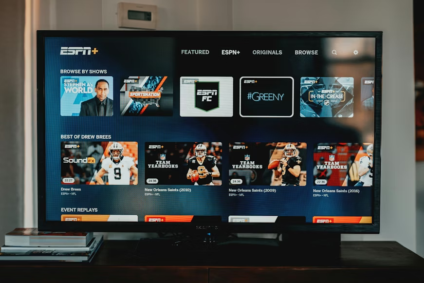 TV showing ESPN+ sports content as an option to watch live TV without cable.