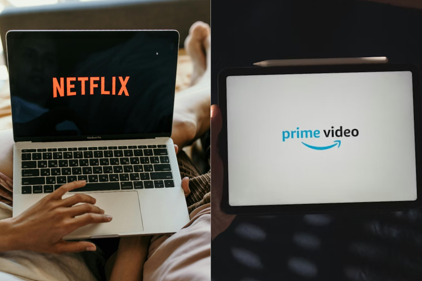 Netflix vs Amazon Prime Video comparison showing both streaming services on laptop and tablet screens.