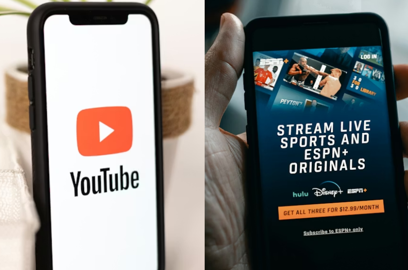 Phone screens showing YouTube and Hulu live TV options for comparing streaming bundles.