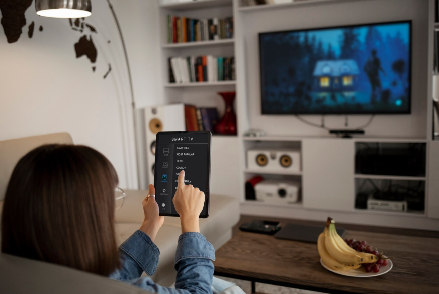 Viewer exploring the future of cord-cutting with a smart TV interface and connected streaming controls.