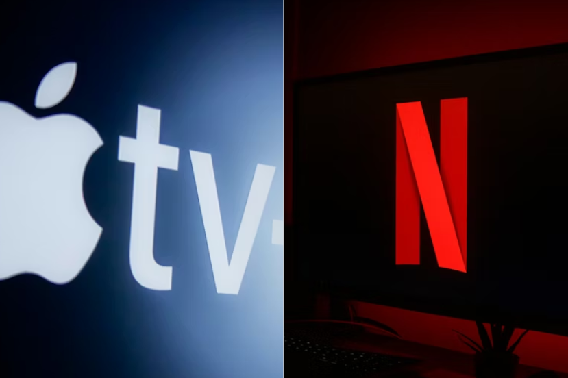 Apple TV+ vs Netflix comparison showing both streaming service logos side by side on screen.